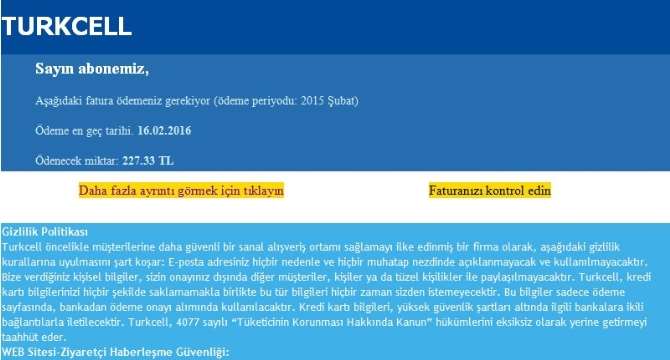 Telefon Faturası Görünümlü Virüse Dikkat !
